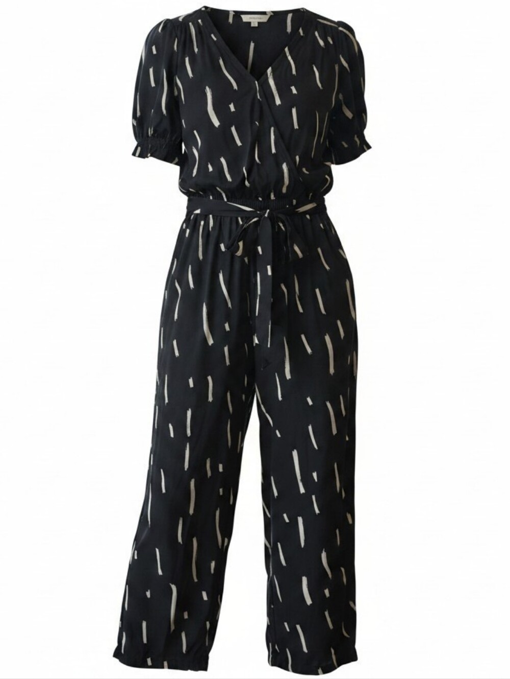 LOFT | Black White Brushstroke Wide Leg Tie Waist V-Neck Jumpsuit Pantsuit | XL